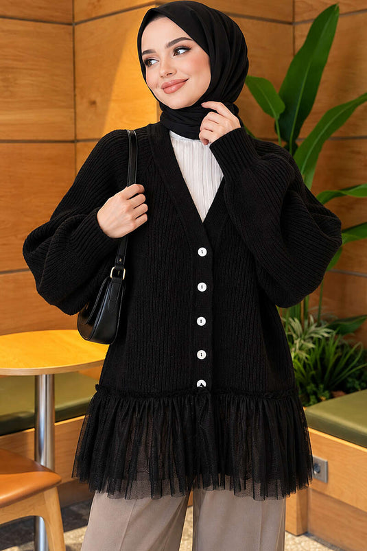 Gilet En Maille À Manches Ballon Et Ourlet En Tulle Noir