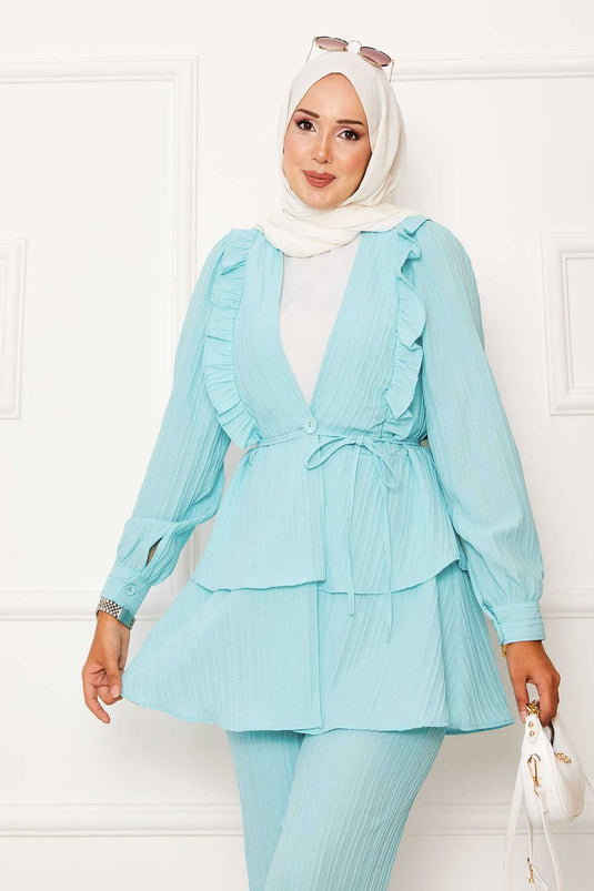 Costume deux pièces avec volants et détails volantés sur la jupe, vert mer