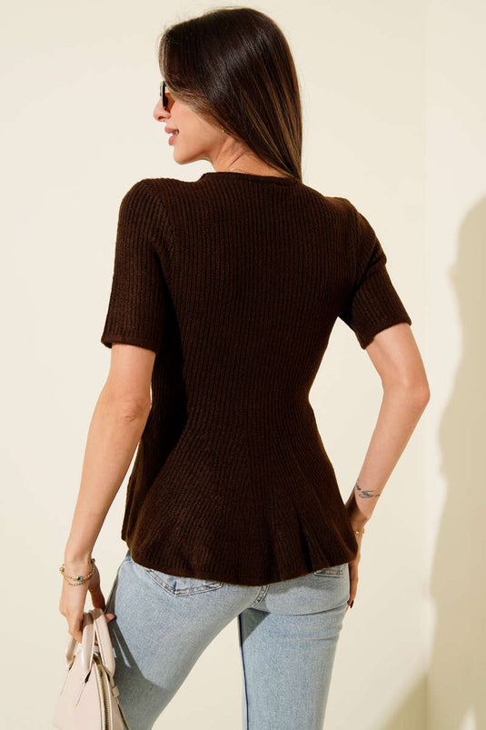 Eteği Volanlı Kısa Kol Triko Bluz Kahve