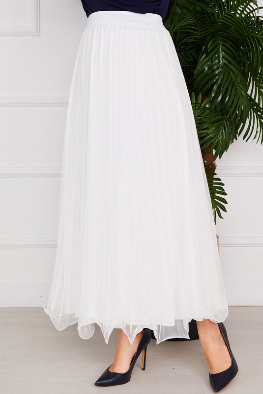 Modest Tulle Skirt with Ruffled Hem White
