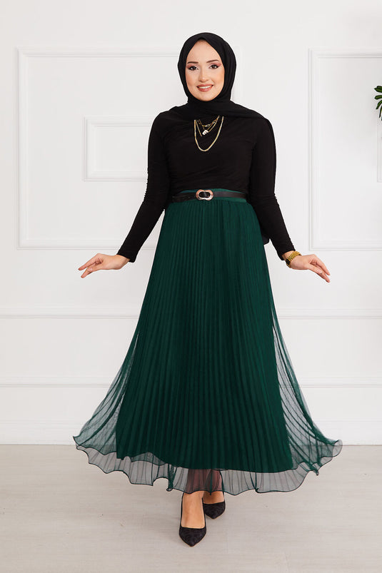 Flared Hem Modest Tulle Skirt Emerald