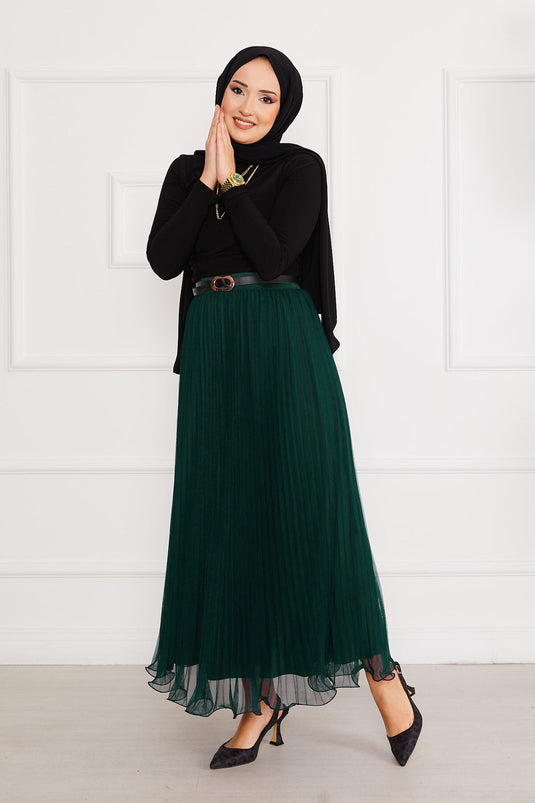 Flared Hem Modest Tulle Skirt Emerald