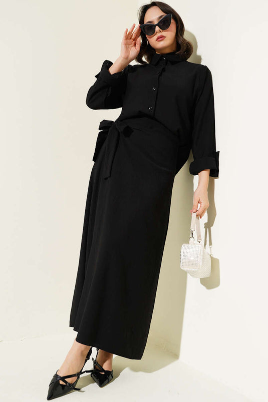 Black Two-Piece Set with Side Tie Skirt