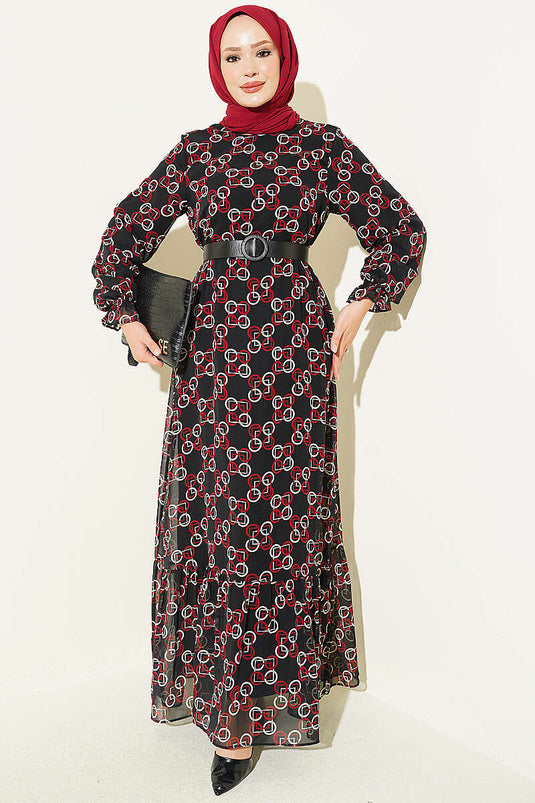 Bordeaux Muster Kleid Aus Chiffon Mit Raffung