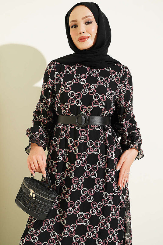 فستان Chiffon مزخرف وردي بتنورة مطوية