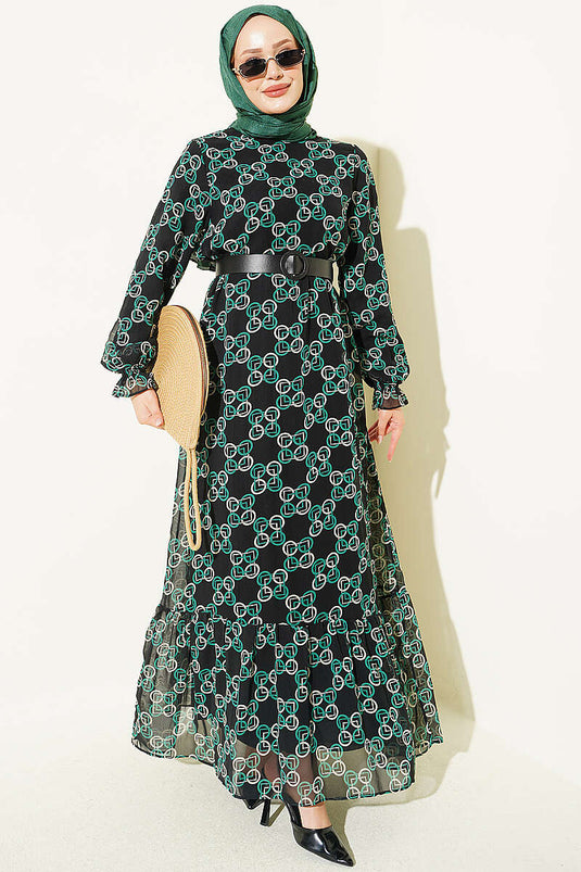 Groen Gebloemd Chiffon Jurk Met Ruches