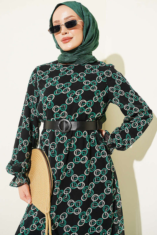 Groen Gebloemd Chiffon Jurk Met Ruches