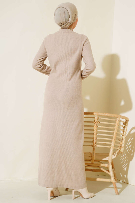 Robe côtelée boutonnée beige