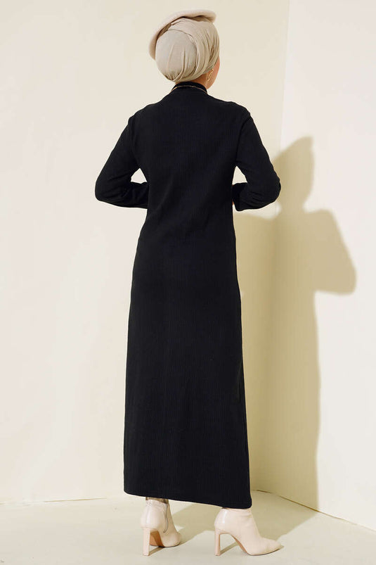 Etek Düğmeli Fitilli Elbise Siyah