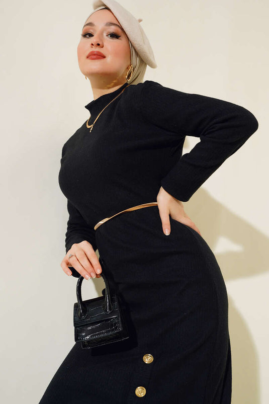 Etek Düğmeli Fitilli Elbise Siyah