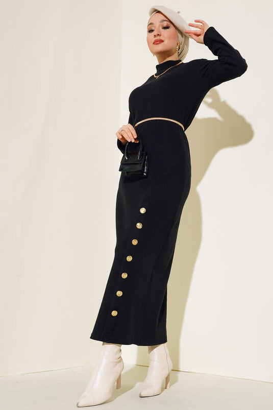 Etek Düğmeli Fitilli Elbise Siyah