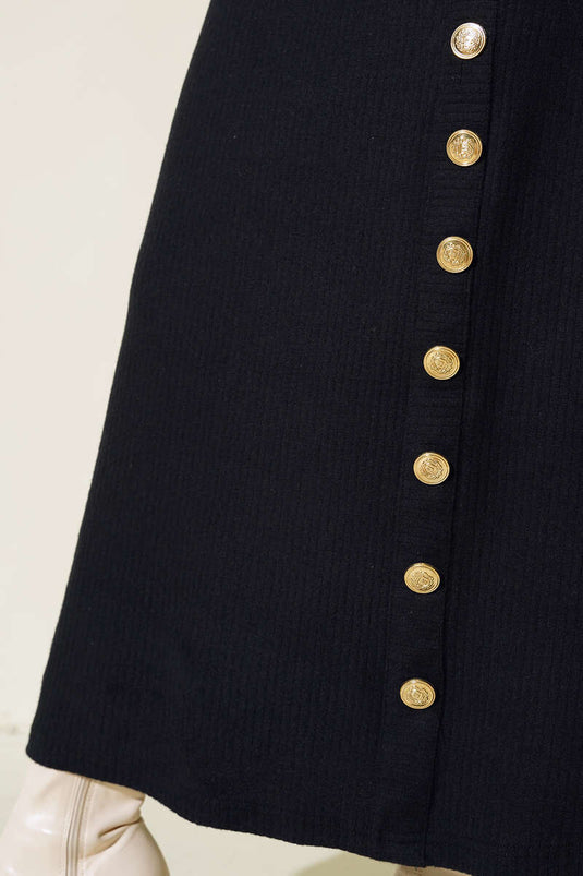 Etek Düğmeli Fitilli Elbise Siyah