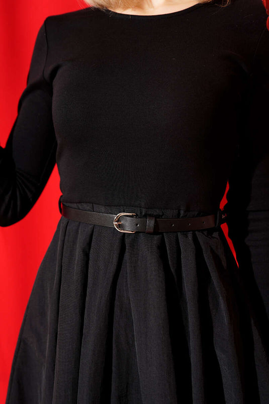 Skirt-Trimmed Belted Mini Dress Black