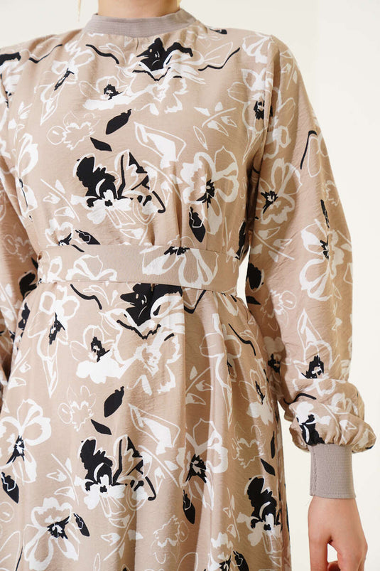 Etek Pileli Çiçek Desenli Elbise Bej