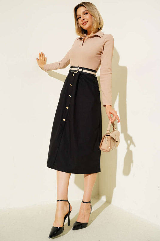 Latte Dress with Pleated Skirt and Belt