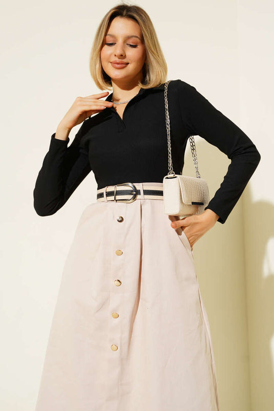 Etek Pileli Kemerli Elbise Siyah