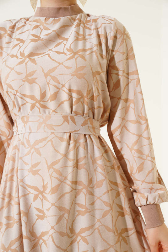 Etek Pileli Kol Pileli Desen Elbise Bej