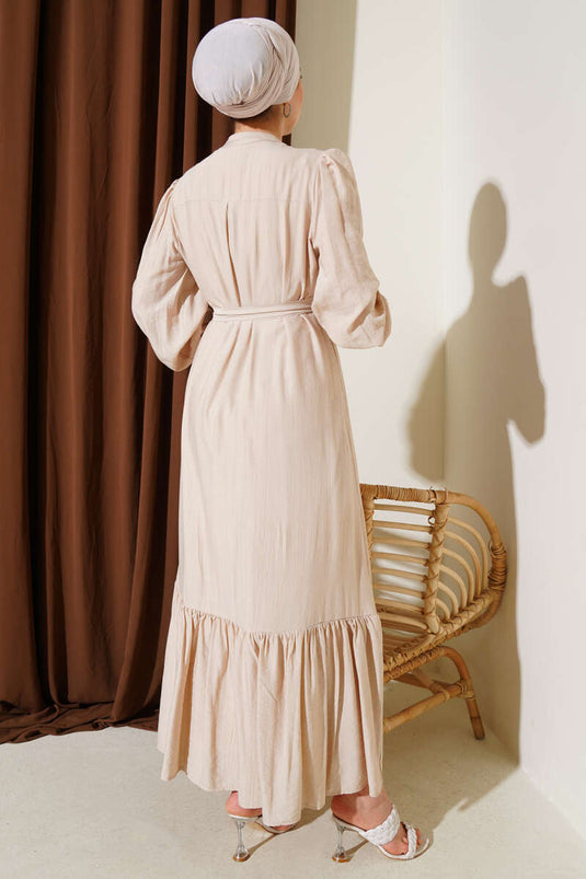 Etek Pileli Kuşaklı Elbise Bej