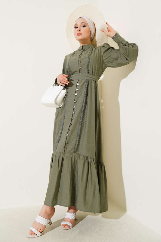 فستان إيتك بطيات وحزام بلون زيتي