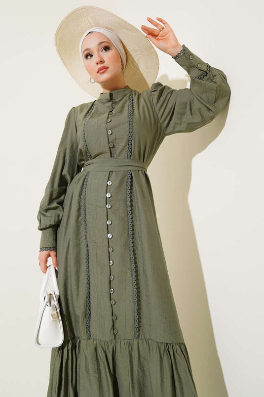 فستان إيتك بطيات وحزام بلون زيتي