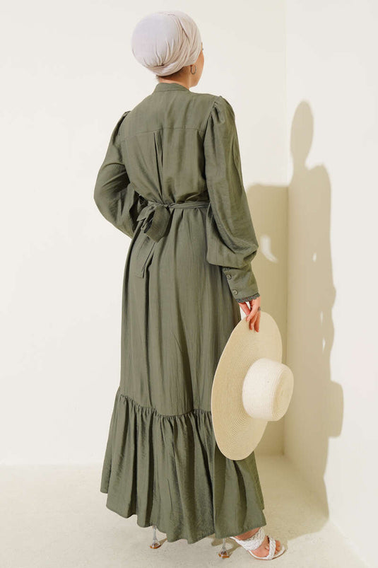 فستان إيتك بطيات وحزام بلون زيتي