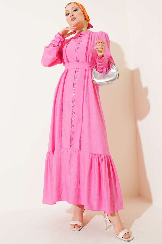 Pleated Belted Dress with Skirt and Pink