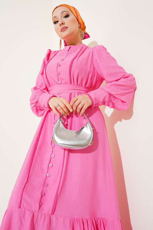 Pleated Belted Dress with Skirt and Pink
