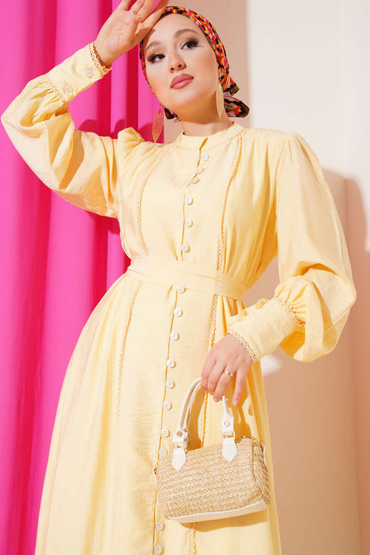 Pleated Belted Skirt Dress Yellow