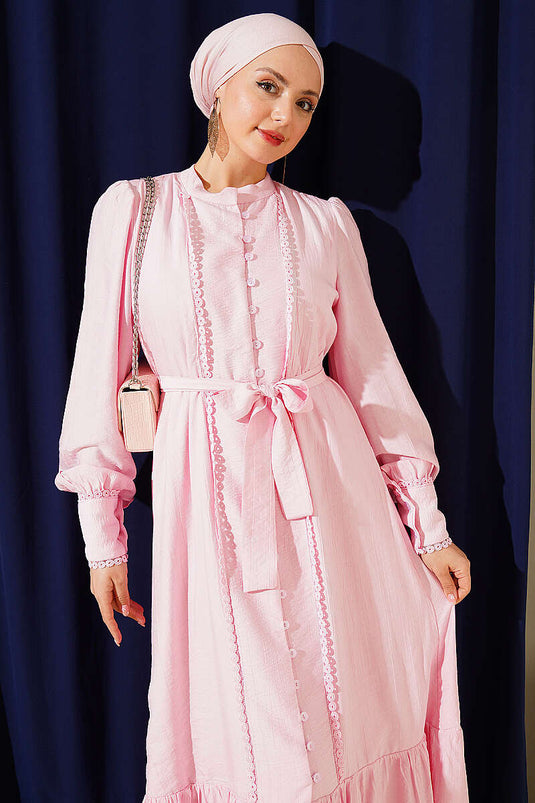 Etek Pileli Kuşaklı Elbise Şeker Pembe