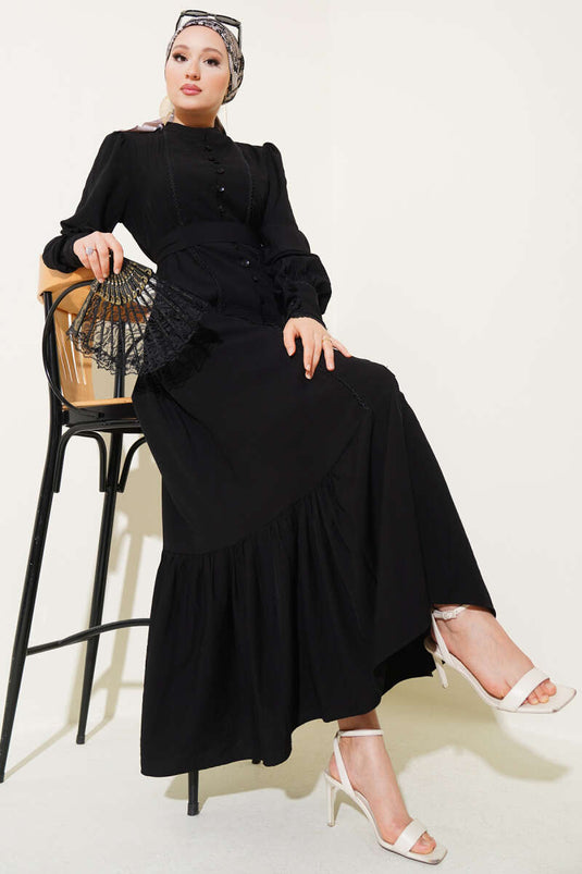 Etek Pileli Kuşaklı Elbise Siyah