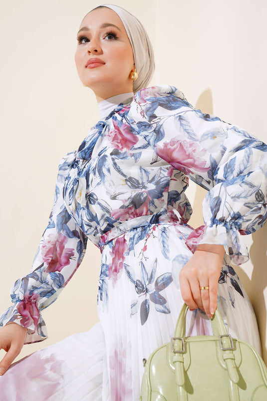 تنورة فستان شيفون مطوي باللون النيلي