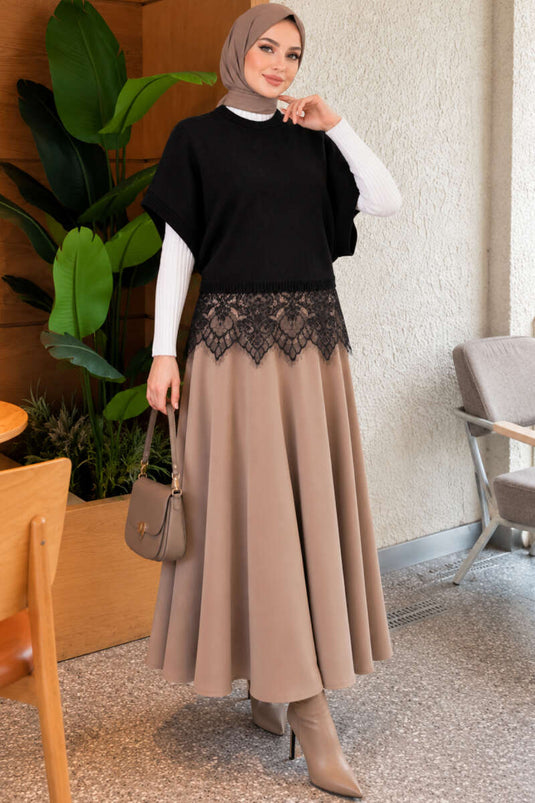 Black Knit Sweater With Lace Hem