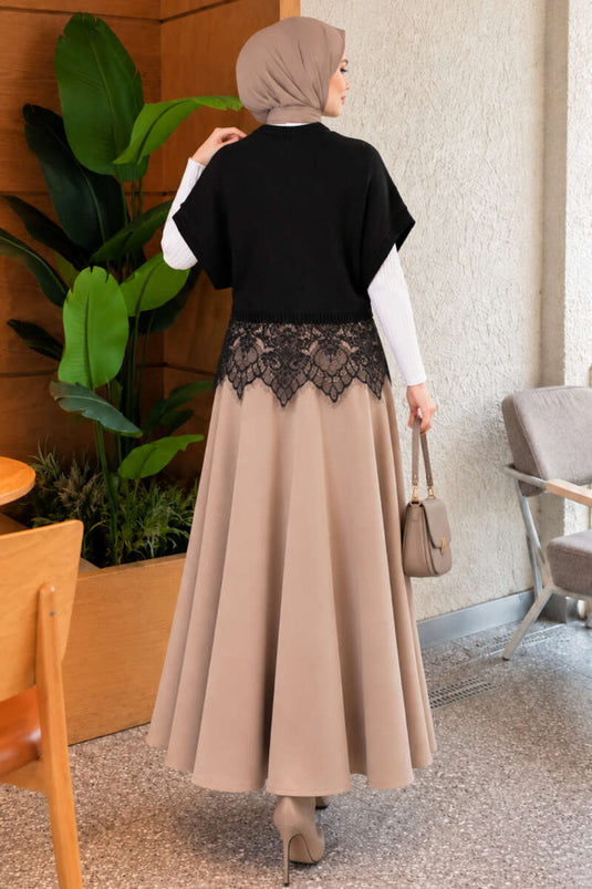 Black Knit Sweater With Lace Hem