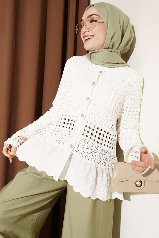 Cardigan court ajouré à dentelle crème