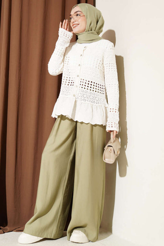Cardigan court ajouré à dentelle crème