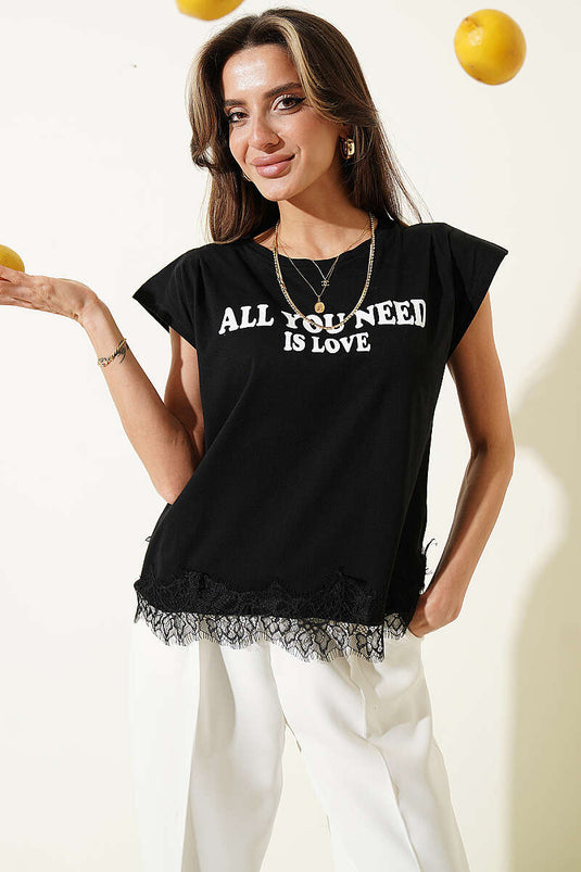 Etek Ucu Dantelli Kolsuz T-shirt Siyah