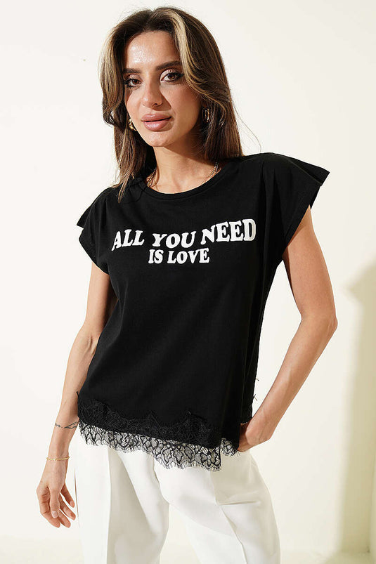 Etek Ucu Dantelli Kolsuz T-shirt Siyah