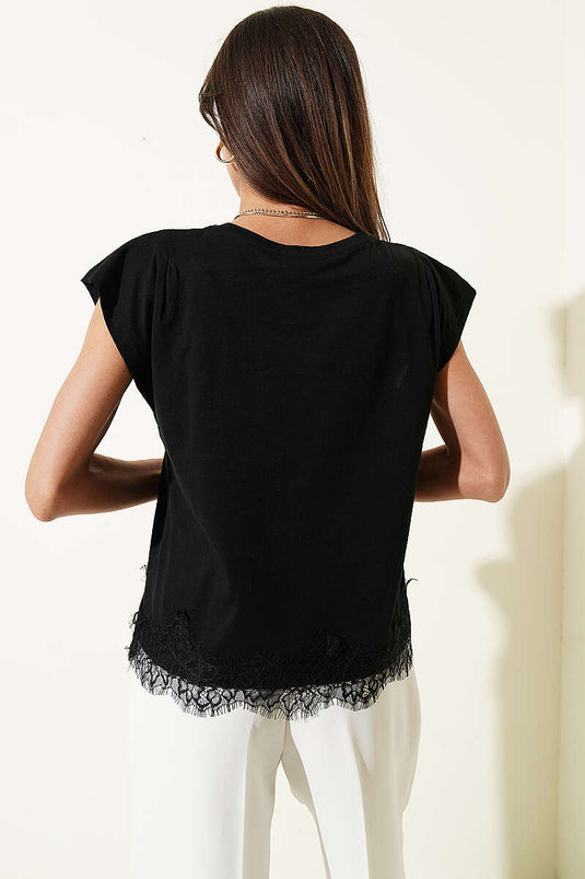 Etek Ucu Dantelli Kolsuz T-shirt Siyah