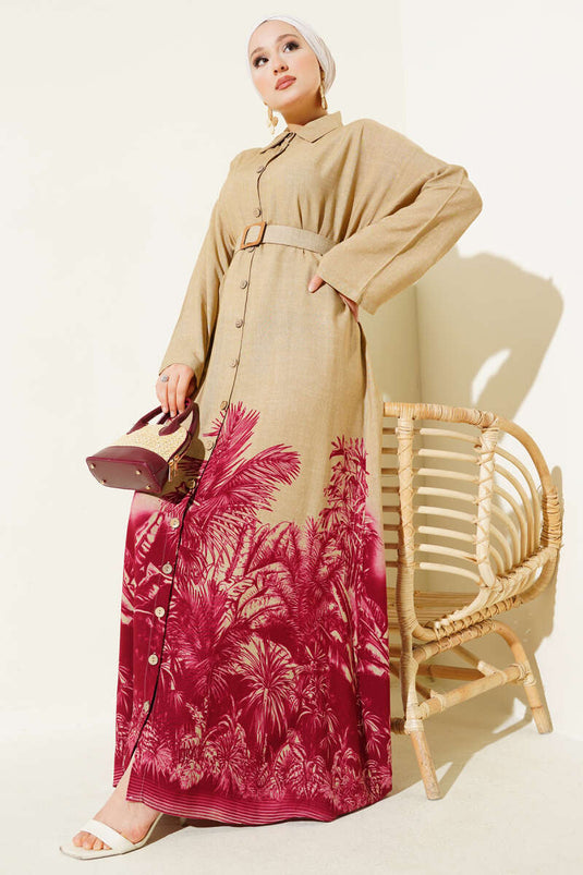 Button-Down Dress with Patterned Hem, Burgundy