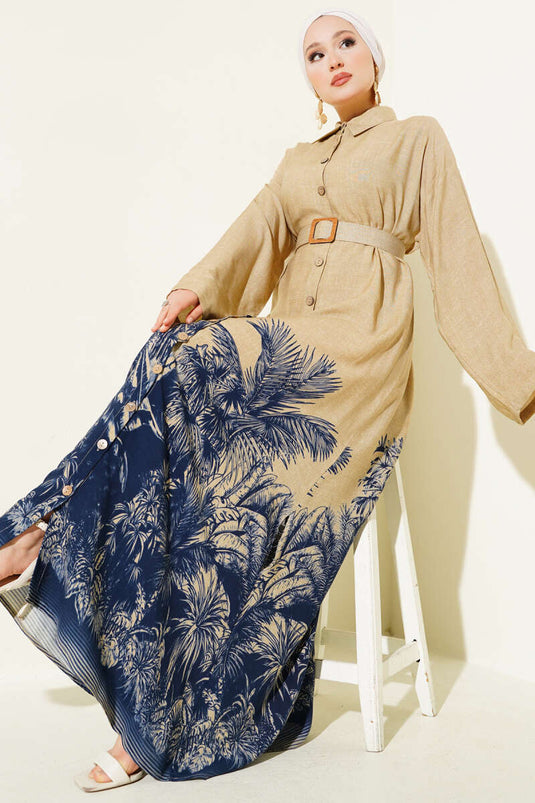 فستان أزرق داكن بأزرار مع حاشية منقوشة