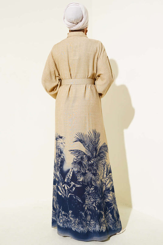 فستان أزرق داكن بأزرار مع حاشية منقوشة