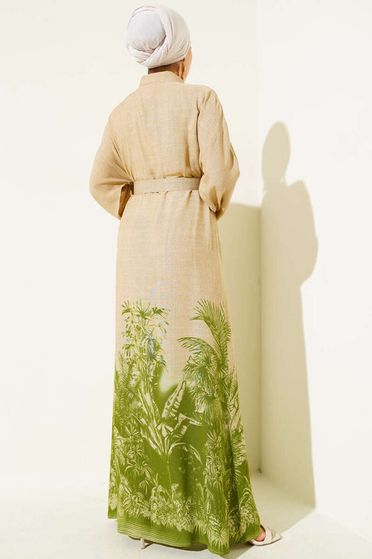 Etek Ucu Desenli Boydan Düğmeli Elbise Yeşil