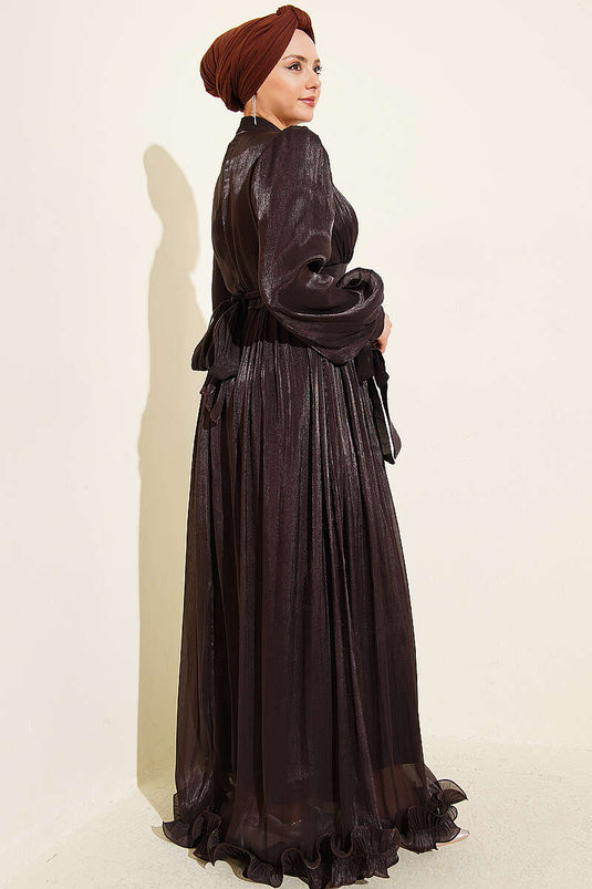 Robe de soirée à volants froncés, bordure plissée, couleur café amer