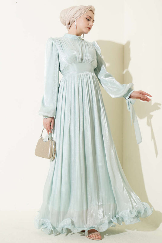 Ruffled Hem Gathered Evening Dress in Olive Green