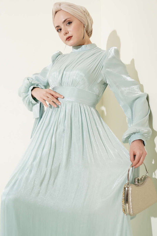 Ruffled Hem Gathered Evening Dress in Olive Green
