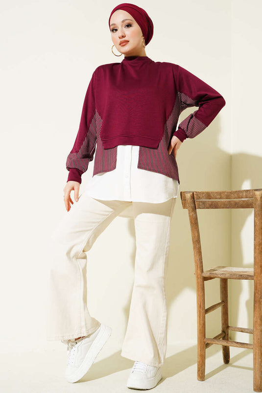 Tunic with Skirt Hem Garnish Detail Loyşa Burgundy