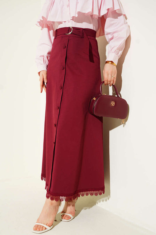 Jupe à dentelle avec détail de bouton Bordeaux