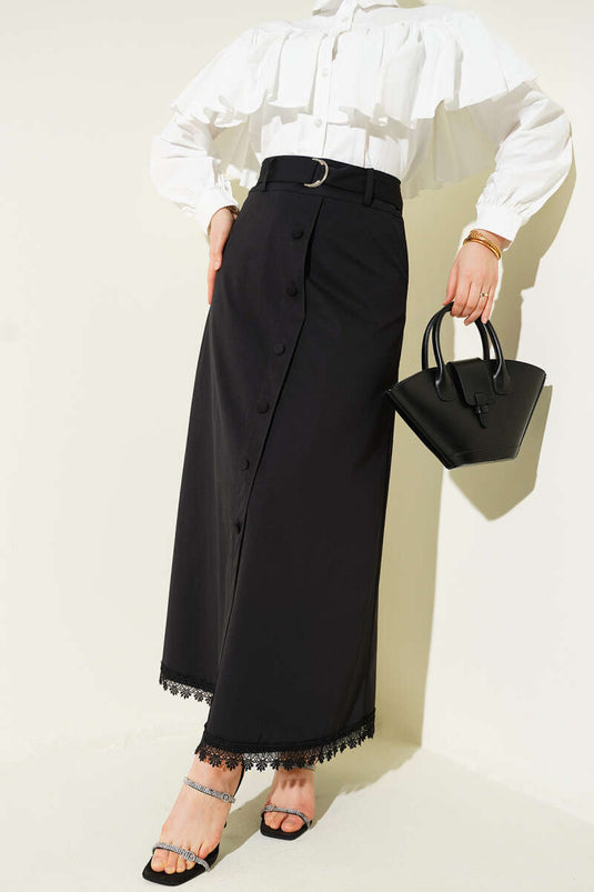 Gonna con bordo in pizzo e dettaglio bottoni Nera