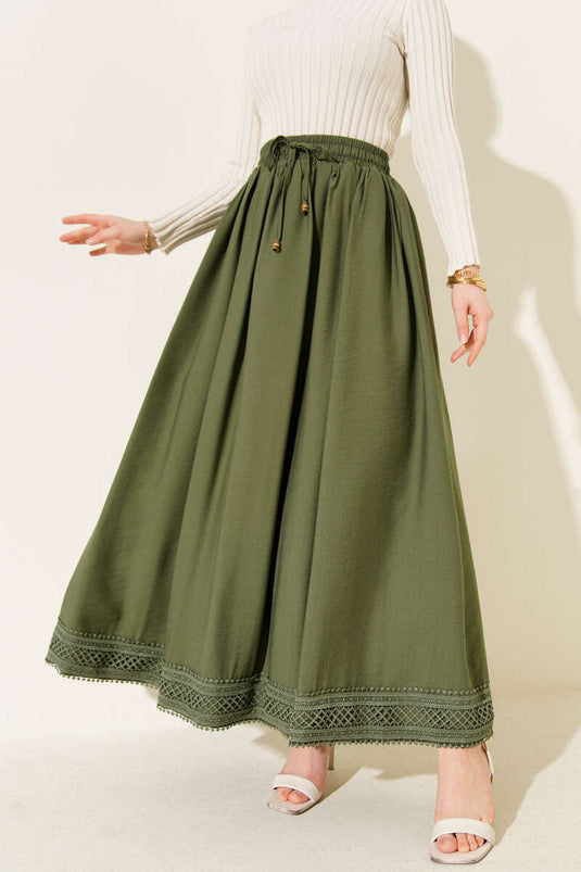 Skirt with Lace Hem Flared Skirt Khaki