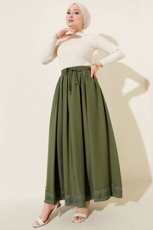 Skirt with Lace Hem Flared Skirt Khaki
